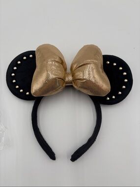 Gold Bow Minnie Mouse Ears Headband Black Studded Disney Inspired‎ NEW